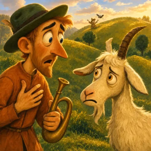 A goatherd kneeling beside an injured goat with a broken horn
