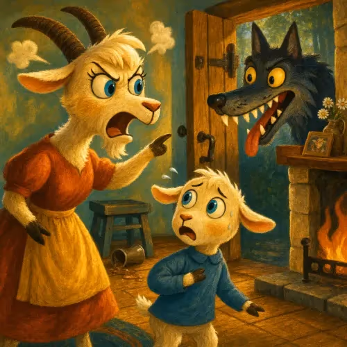 A mother goat warning her three kids about a wolf lurking outside their door