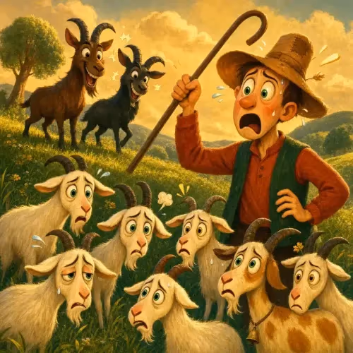A goatherd feeding wild goats while his neglected flock wanders off in a storm