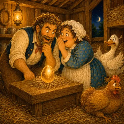 A farmer and his wife staring at a golden egg beside their prized goose