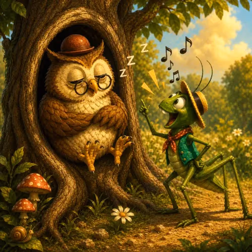 An owl reaching toward a grasshopper that won't stop chirping outside its tree hollow