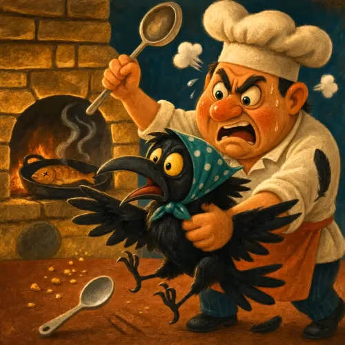 A crow sneaking into a kitchen for food while a content pigeon waits in their shared nest