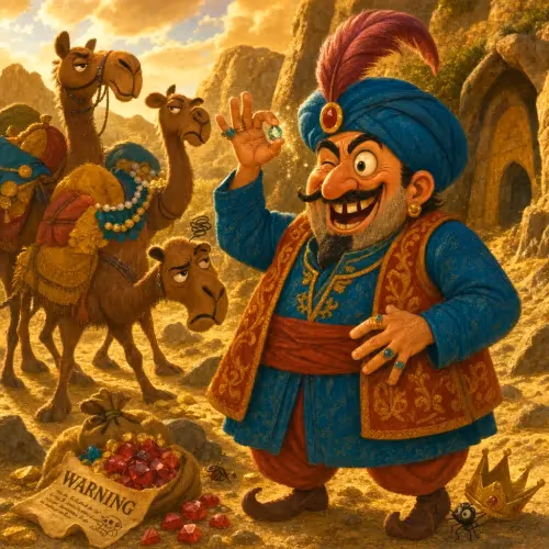 A greedy merchant reaching for glittering treasure offered by a holy man
