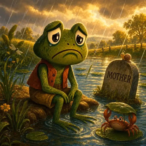 A green frog sitting sadly beside a grave washed away by heavy rain