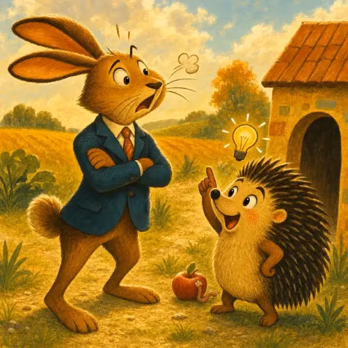 A small hedgehog bravely lining up to race a proud, towering hare