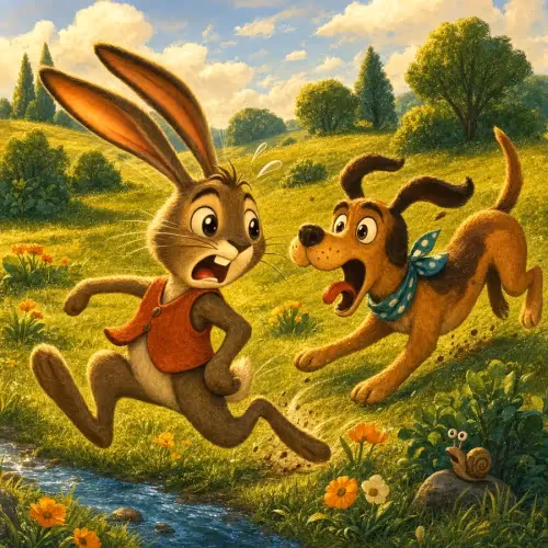 A hound stopping mid-chase as a terrified hare pleads for its life in a meadow