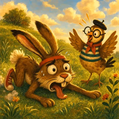 A partridge laughing at a captured hare, moments before a hawk swoops down