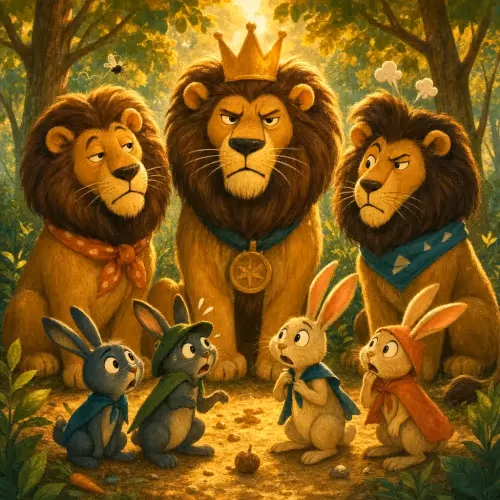 A group of hares standing before a pride of lions, asking for equal treatment