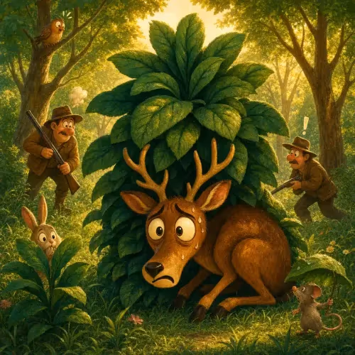 A hart nibbling on the very vine leaves that were hiding him from hunters