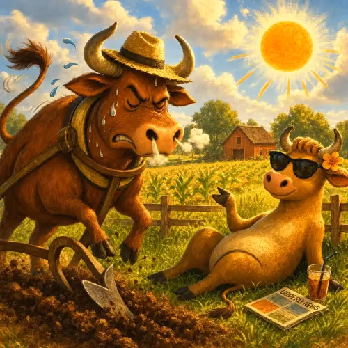 A lively heifer mocking a tired ox pulling a plow through the field