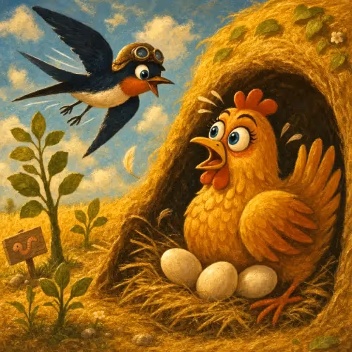 A hen sitting warmly on eggs inside a snake's abandoned hole as a swallow warns her