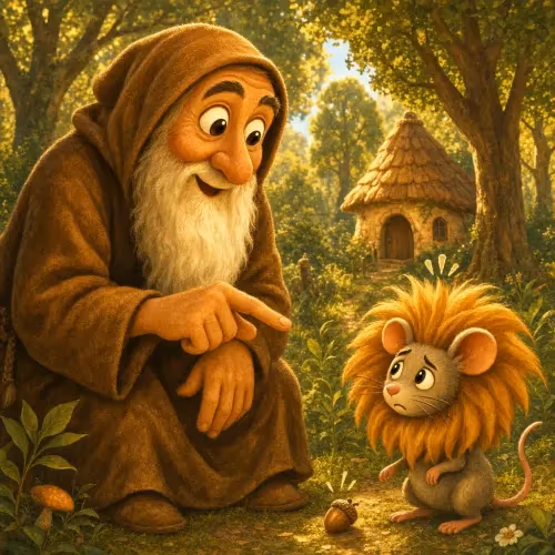 A hermit watching a mouse-turned-cat still trembling in fear of a dog