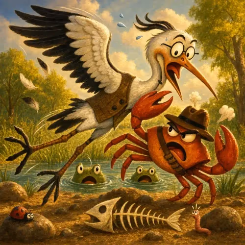 A wise crab pinching a deceitful heron caught carrying pond creatures away