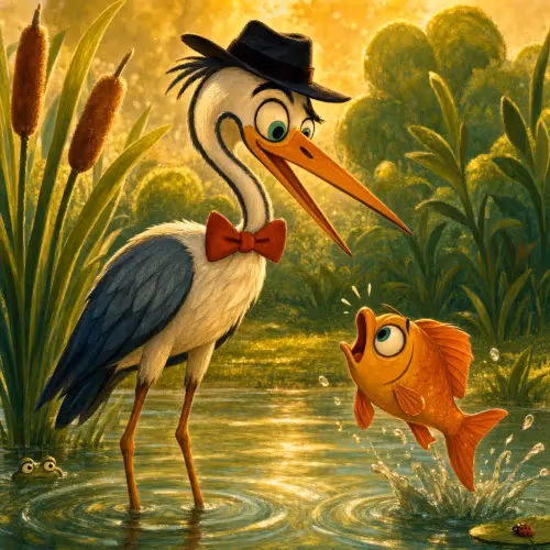 A heron wading past small fish, waiting empty-handed for a bigger catch