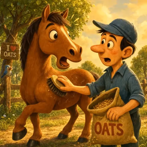 A groom brushing a horse's shiny coat while its feed bucket sits empty nearby