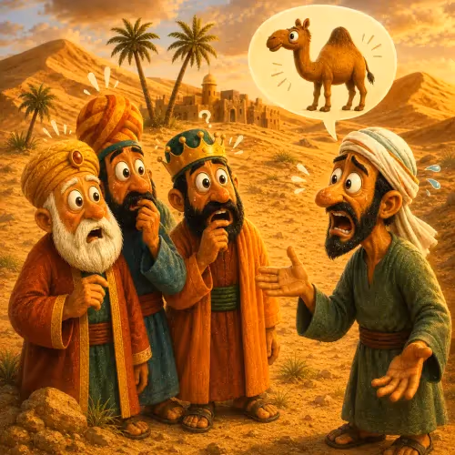 Wise men examining tracks in the sand while a man searches for his lost camel