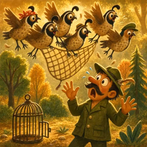 A flock of quails lifting a hunter's net together and flying off as one