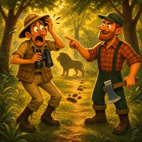 A timid hunter backing away as a woodman gestures toward a real lion's den
