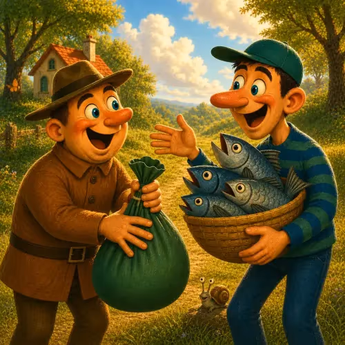A huntsman and fisherman swapping baskets of game and fish by a riverbank