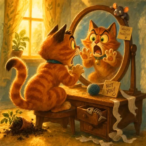 A curious cat staring at its own puzzled reflection in a mirror