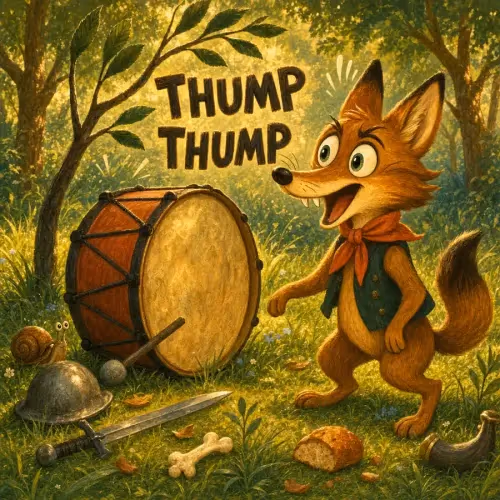 A curious jackal creeping toward a booming drum left on an empty battlefield