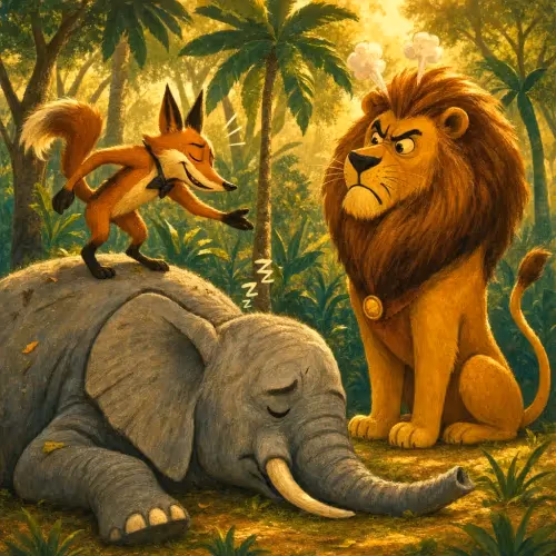 A cunning jackal tricking other animals into helping him crack open a dead elephant