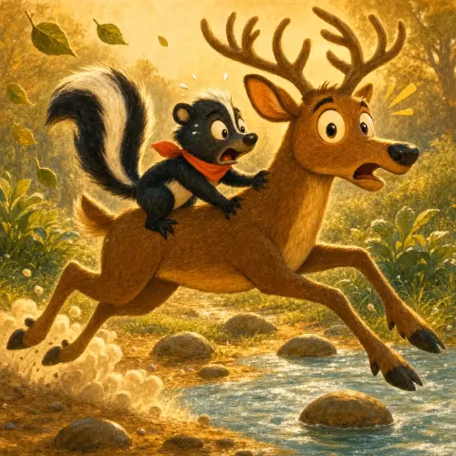 A young skunk following his jaguar godfather deep into the forest to learn hunting