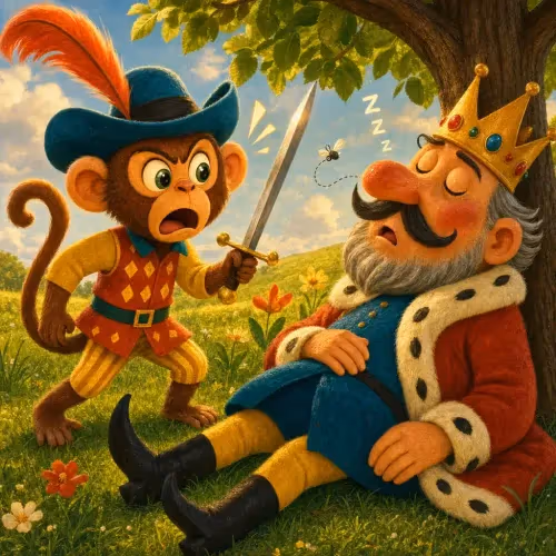 A monkey swinging a sword at a fly on the sleeping king's nose