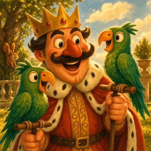 A king holding two parrots, one poised and polite, one squawking rudely