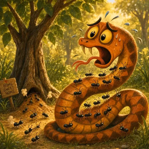 A king cobra rearing up as a swarm of ants overwhelms it from every side