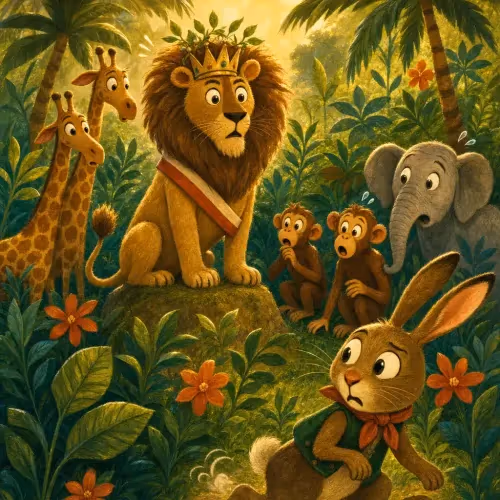 A lion declaring peace to the jungle while a skeptical hare hangs back