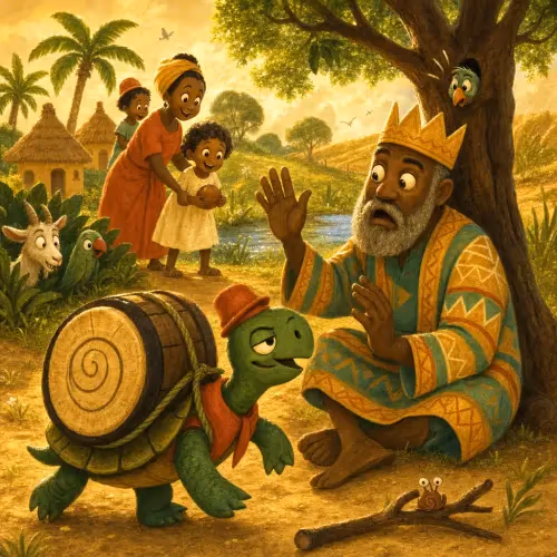 A tortoise carrying off a king's magical drum that produces endless food