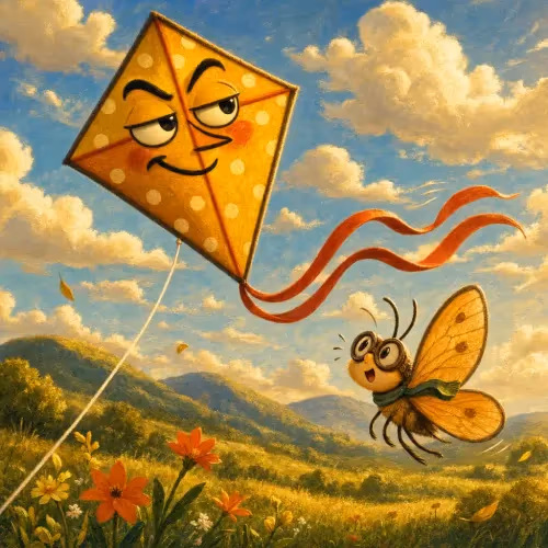 A kite soaring high above a small moth fluttering freely below