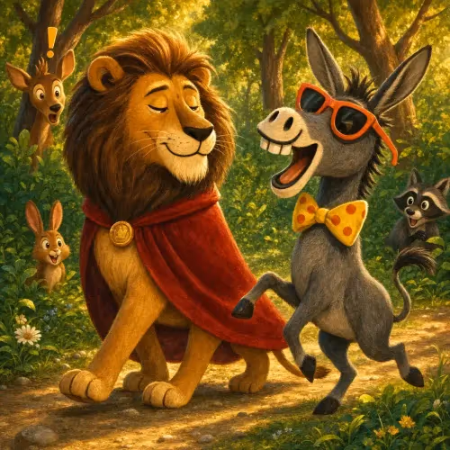 A calm, dignified lion ignoring a braying donkey's insults nearby