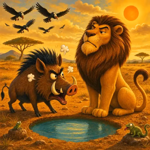 A lion and a boar pausing their fight at a watering hole as vultures circle above