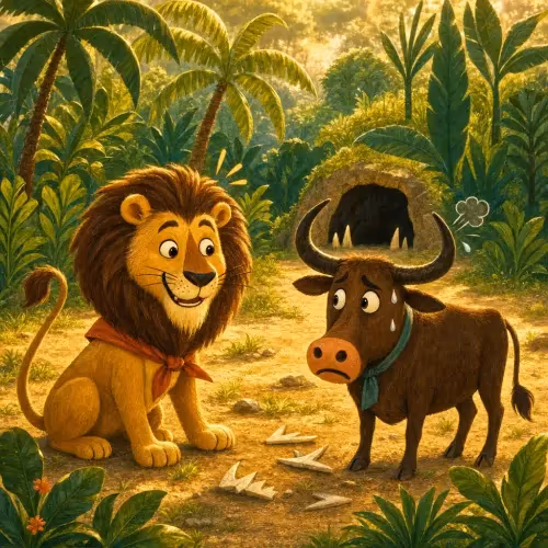 A bull backing away warily from a lion's tempting offer of a shared sheep