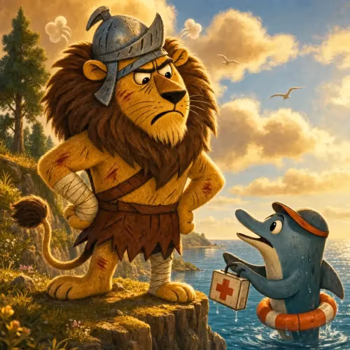 A lion calling for help at the shoreline while a dolphin waits helplessly in the waves