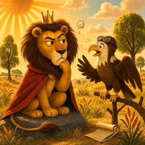 An eagle soaring overhead while a wary lion watches from the ground below