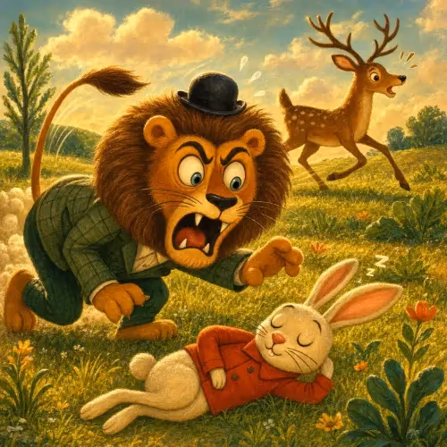 A lion returning to an empty spot where a hare once lay, chasing a bigger meal instead