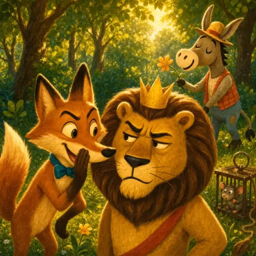 A fox whispering to a lion while a donkey stands nearby, unaware of the betrayal