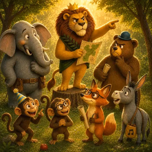 A lion assigning tasks to a gathered crowd of forest animals before battle
