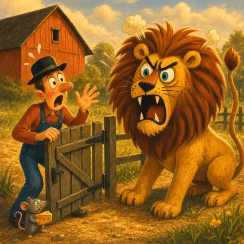 A trapped lion thrashing through a farmyard, scattering panicked animals