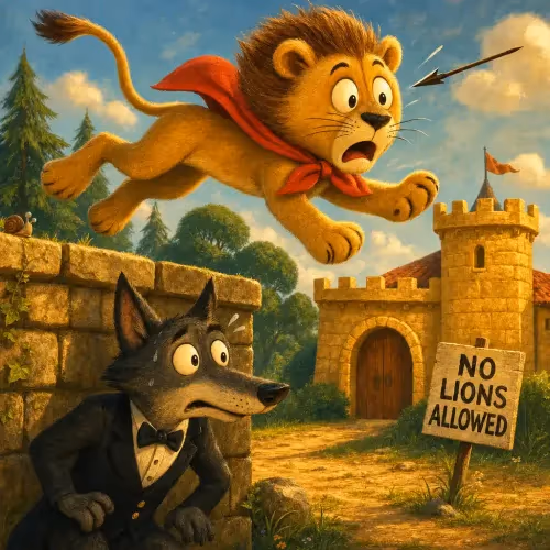A young lion cub following a crafty wolf away from his worried parents