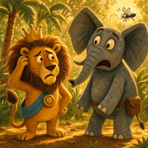 A trembling lion complaining to Jupiter about a rooster's crow while an elephant listens