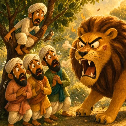 Three scholars reviving a bone skeleton lion while a fourth climbs a tree in caution