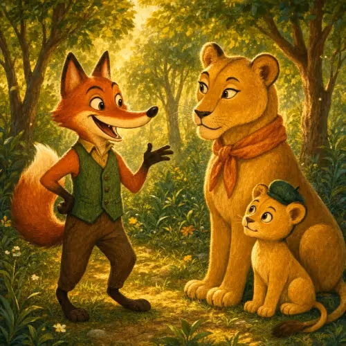 A lioness standing proudly with her single cub as a fox smirks nearby