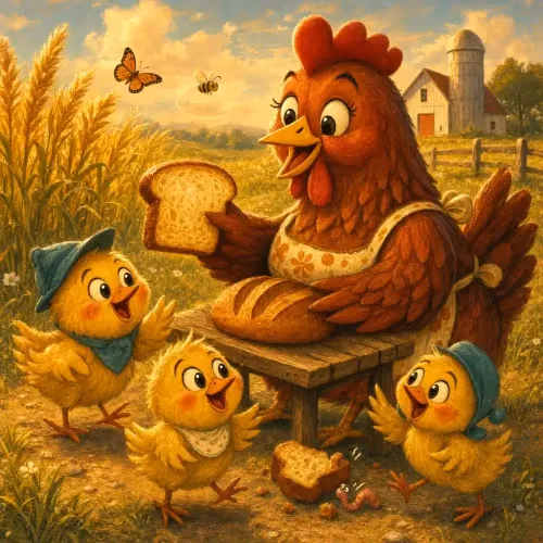 A little red hen baking bread alone in her kitchen while her friends watch from the doorway