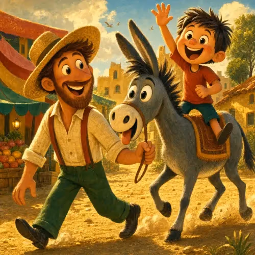 A father and son walking beside their donkey as villagers stop to stare and comment