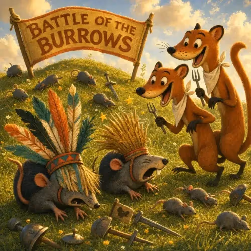 Mice wearing tall, fancy headdresses getting stuck while fleeing from weasels