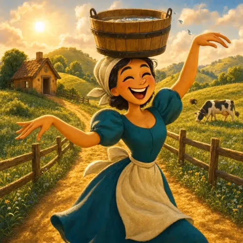 A milkmaid daydreaming with a pail balanced on her head, imagining her future riches